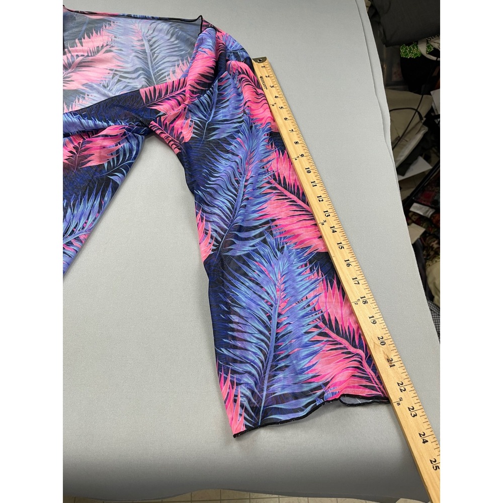 Tropical Palm Leaf Mesh Kimono Cardigan Pink Purple Blue Open Front Cover Up L - Picture 6 of 8
